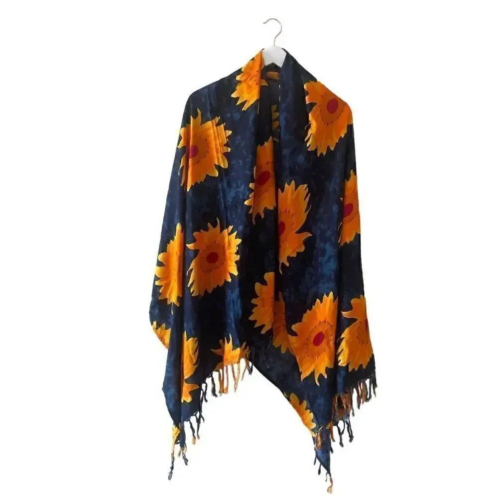 КОКO KNOT Navy Yellow Sunflowers Bovelty Print Boho Festival Cover Up #1643
